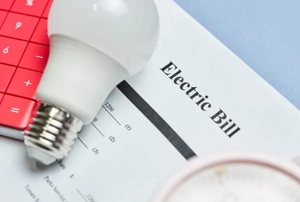 Calculator, lightbulb and an electricity bill on a desk