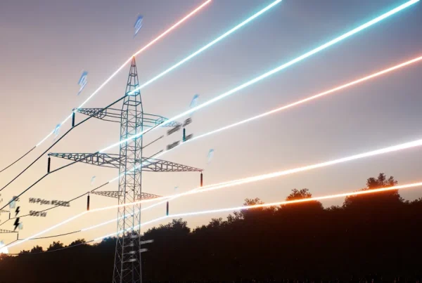 Electricity transmission pylons and power lines at dusk
