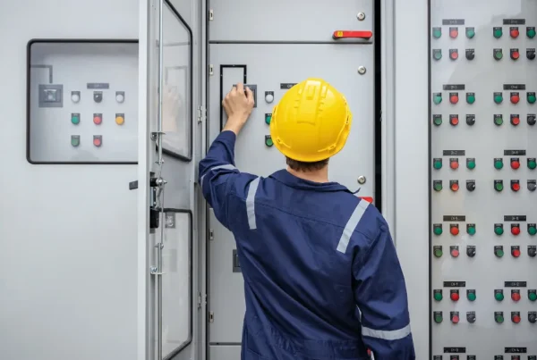 Engineer inspecting electrical distribution panels and meters