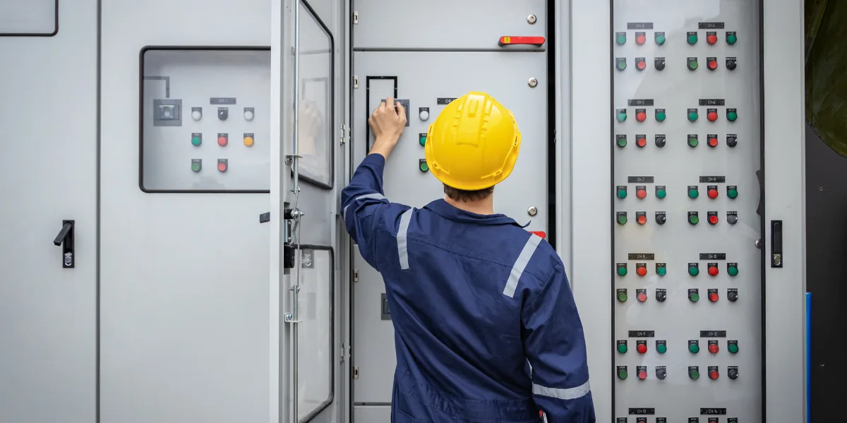 Engineer inspecting electrical distribution panels and meters