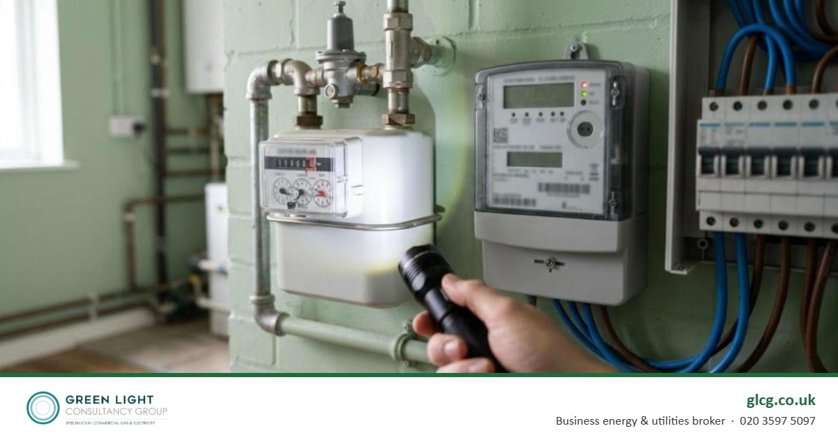 Business gas meter and electricity meter side by side in a commercial utility room