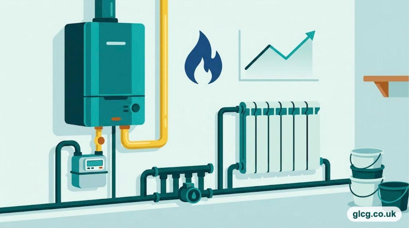Illustration of a commercial gas boiler, gas meter and radiator, with a blue flame and a usage graph