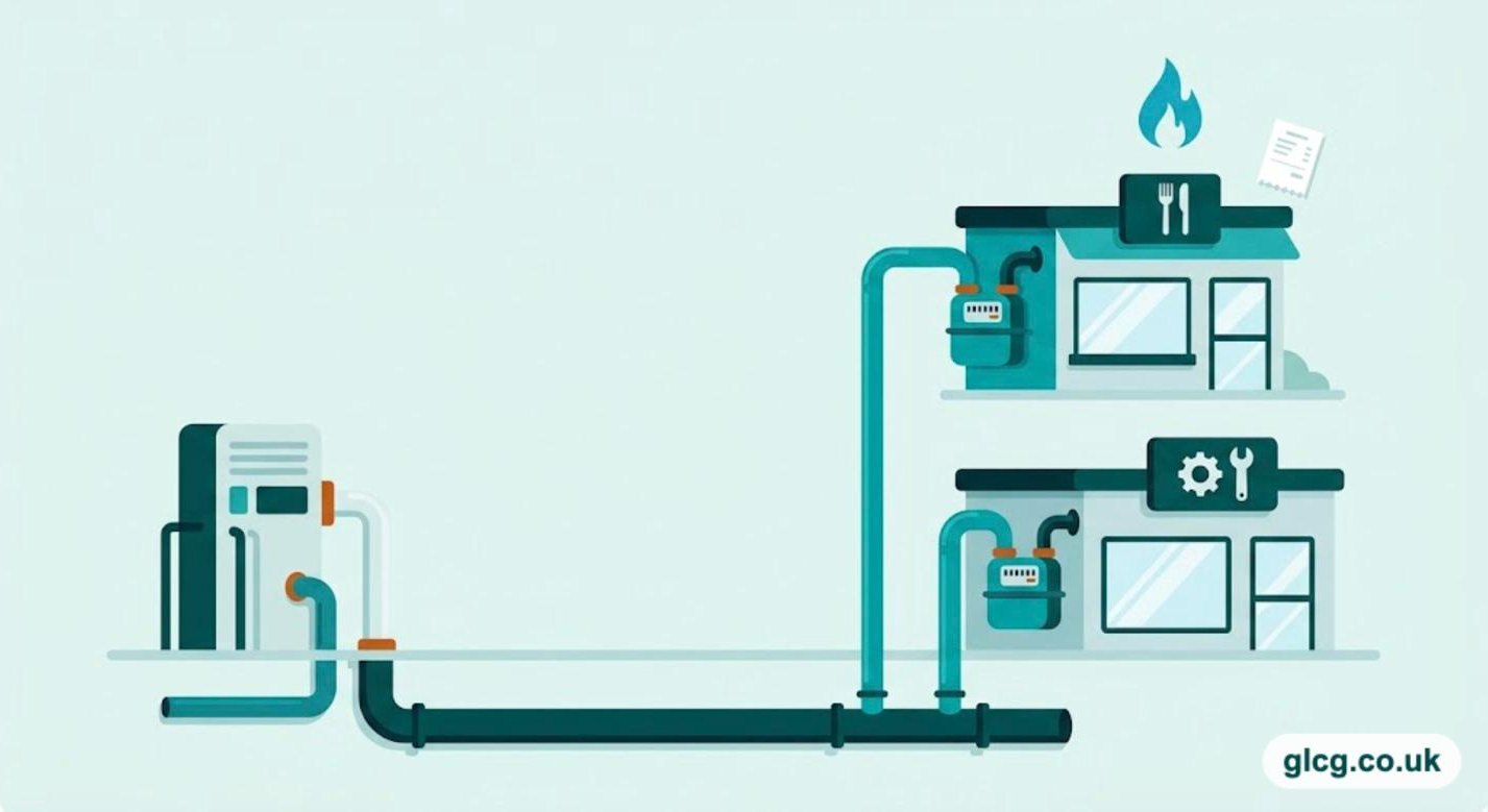 Illustration of gas pipes running from the gas network to a restaurant and a workshop, each with a commercial gas meter, and a gas bill