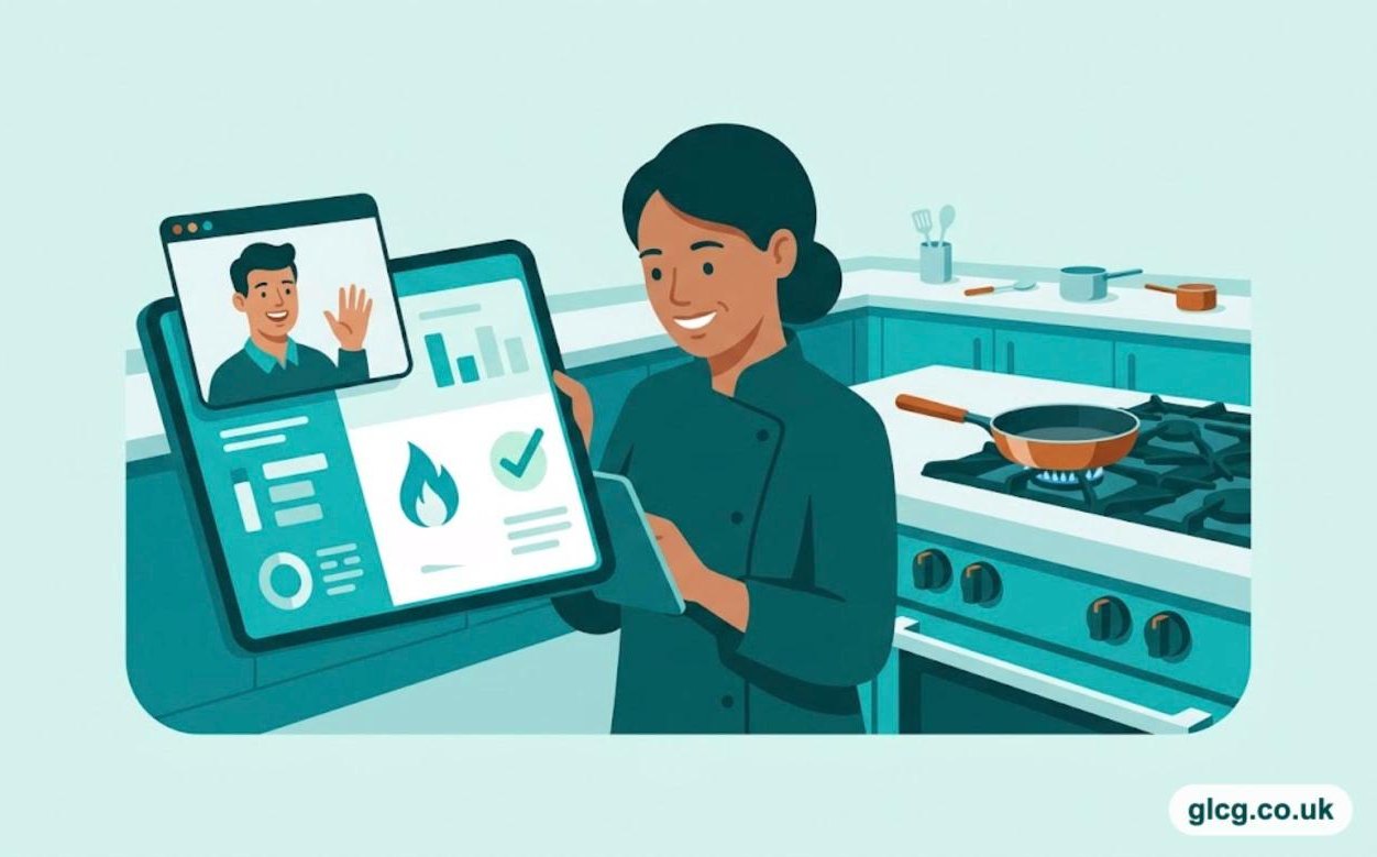 Illustration of a chef in a commercial kitchen comparing business gas quotes on a tablet with a GLCG energy advisor on a video call