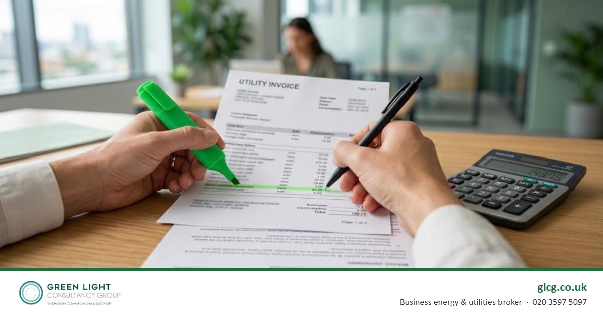 Checking a utility invoice line by line against the contract with a highlighter and calculator