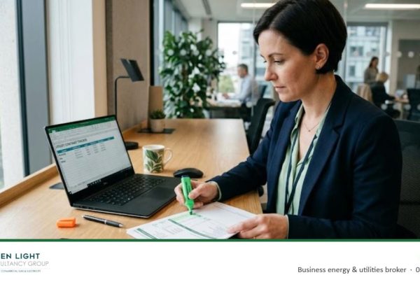 Facilities manager checking a business electricity bill against a utility contract tracker