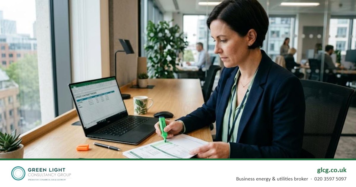 Facilities manager checking a business electricity bill against a utility contract tracker