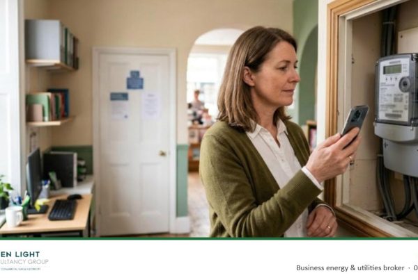 Business owner checking a commercial electricity meter with a smartphone to find the energy supplier